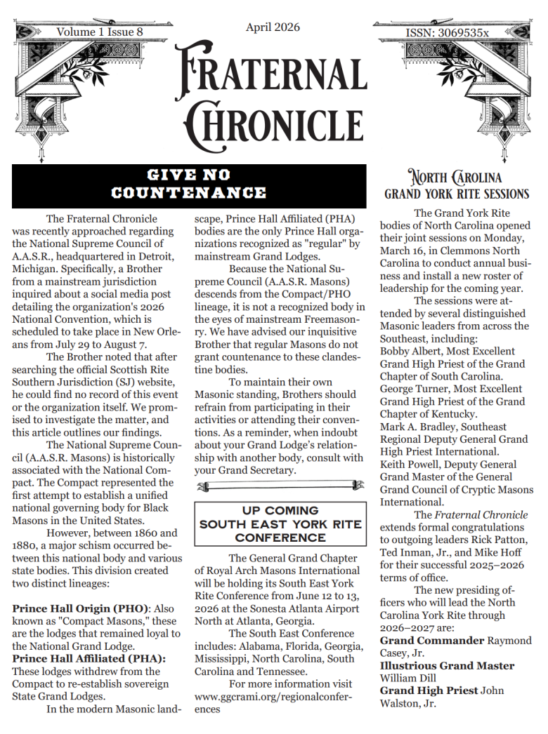April 2026 issue of The Fraternal Chronicle. York Rite, news, articles.