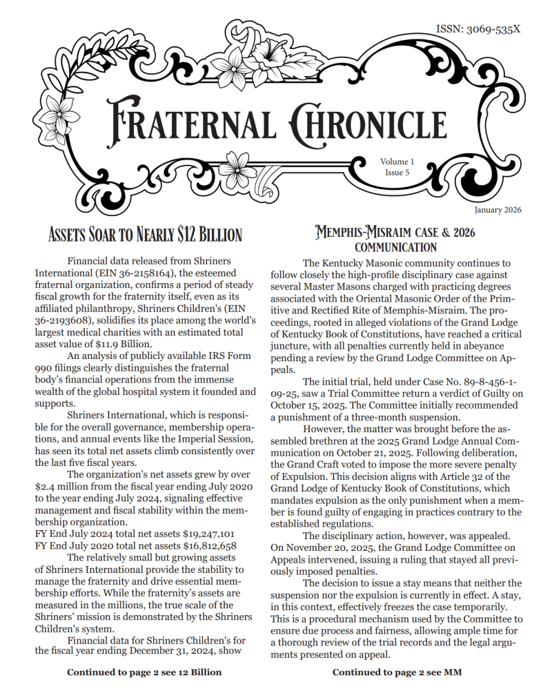 January 2026 issue of the Fraternal Chronicle ISSN 3069-535X for print subscribers.